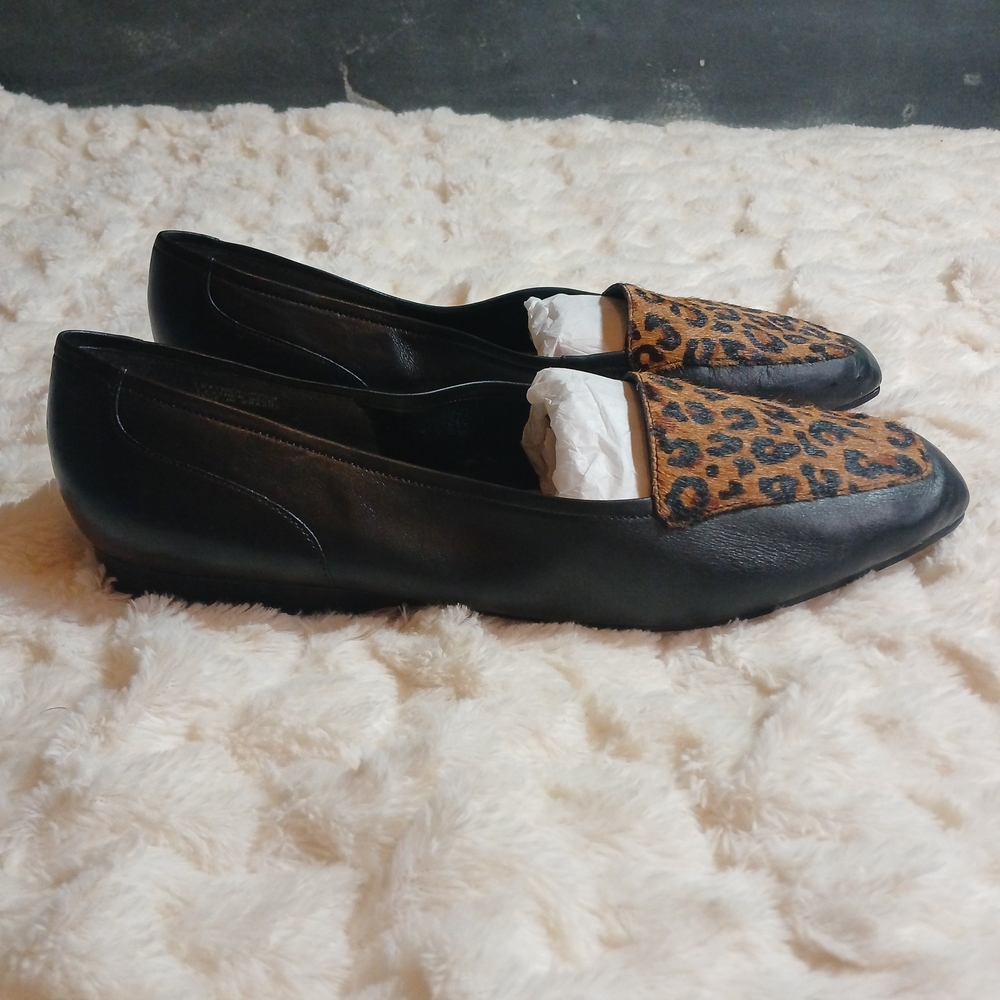 Enzo Angiolini "Rich" Womens Black Leather Slip On Flats Leopard Fur Toe Sz 11 M - Picture 3 of 10